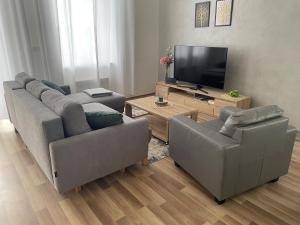 a living room with two couches and a flat screen tv at Apartmán Studnice na Vysočině in Nové Město na Moravě