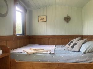 Cama pequeña en habitación con ventana en Berwyn Shepherds Hut, en Wrexham