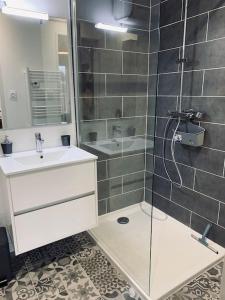 bagno con doccia in vetro e lavandino di La Garde : joli studio dans résidence a La Garde