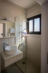 Un baño con lavabo y ducha de cristal. en Villa Fortuna, en Ayia Napa