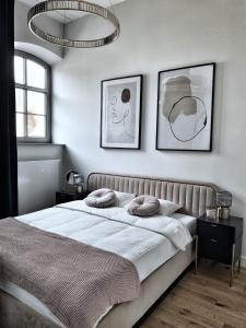 um quarto com uma cama grande com duas almofadas em IDYLLA Apartamenty w sercu Wrocławia na Ostrowie Tumskim em Breslávia