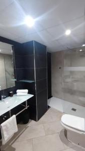 y baño con aseo, lavabo y ducha. en Apartamentos Cala Azul La Móra, en Tarragona