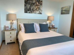 a bedroom with a bed with blue walls and two lamps at The Waterside Rooms in Annan
