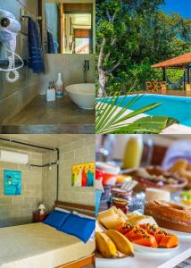 a collage of three pictures of a bathroom with food at Casa do Pescador Camburi in Camburi