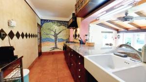 una cucina con un lavandino e un murale di un albero sul muro di Casita Bonita a Castejón de Sos Altre 40 foto