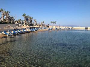 una playa con sillas y sombrillas y un grupo de latas en Hersonissos Modern One Bedroom Apartment Beachside, en Hersonissos