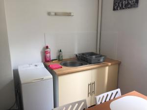 a small kitchen with a sink and a counter top at appartement Victor Hugo 2 D et sa pizza offerte in Aurillac
