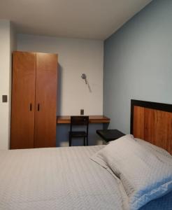 1 dormitorio con 1 cama, escritorio y armario en El salto de Camela Hostal en Uruapan del Progreso