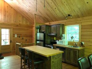 a kitchen with wooden walls and a wooden ceiling at Quiet, cozy and comfortable chalet in Val-des-Lacs