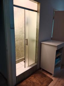 a bathroom with a glass shower door in a room at Marakana Apartment-free parking space 2 in Dedinje