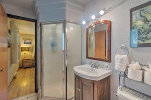 a bathroom with a shower and a sink and a mirror at Private Lake Home with Large Yard in Denver! in Denver +25 photos