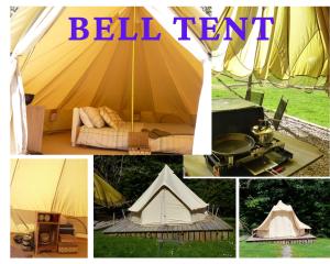 a collage of pictures of a bell tent at Inver Coille Campsite in Fort Augustus