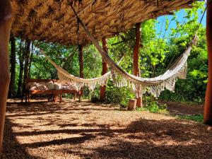a hammock in a pavilion with a bench and trees at Cocolhu in Tamarindo