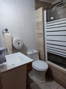 a white bathroom with a toilet and a sink at Tambo Norte Lodge in San Pedro de Atacama