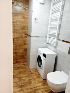 y baño con aseo y lavadora. en AJP Apartament Szczecin Dąbie en Szczecin