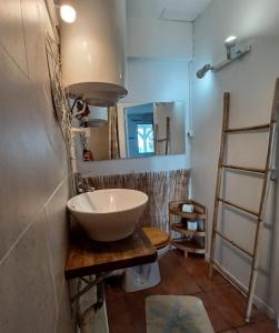 a bathroom with a bowl sink and a mirror at TI coin de paradis Frangipanier in Le Diamant