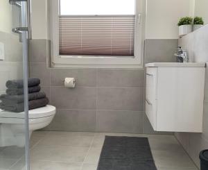 baño con aseo y ventana en FEDDERSEN LIVING Moderne Ferienwohnungen - Gemütlich - Netflix - Voll ausgestattet - Waschmaschine - zentral gelegen, en Brunsbüttel