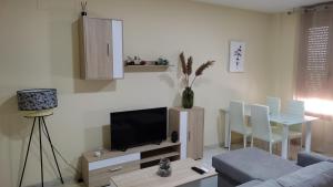 Apartamento Puerta Nueva في قرطبة: غرفة معيشة مع أريكة وتلفزيون بشاشة مسطحة
