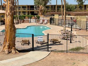 a swimming pool with chairs and a fence at Travelodge by Wyndham Imperial - El Centro in El Centro