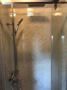 een douche met een douchekop in de badkamer bij Luxury cosy carriage with electric private hot tub in Hereford