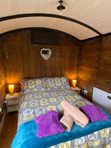 a bedroom with a bed with two towels on it at Luxury cosy carriage with electric private hot tub in Hereford