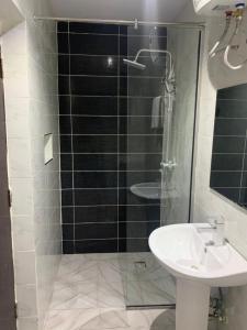 a bathroom with a glass shower and a sink at Choice Suites Signature in Ikeja