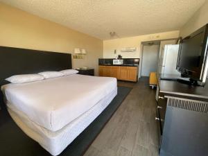 ein Hotelzimmer mit einem Bett und einem Flachbild-TV in der Unterkunft Travelodge by Wyndham Imperial - El Centro in El Centro