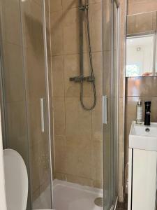 a shower with a glass door next to a toilet at Lovely Rooms London in London