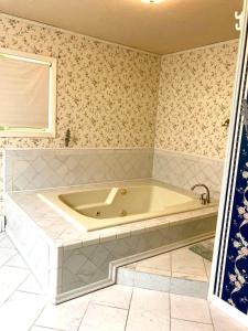 y baño con bañera grande y pared. en Spacious Resort Style Retreat Sleeps 20 en Fairbanks
