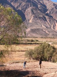 two people standing in a field with a mountain at Dormir con llamas in Maimará