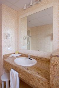 a bathroom with a sink and a large mirror at Hotel Las Truchas in Nuévalos