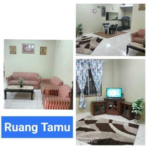 two pictures of a living room with couches and a tv at *IA D'CHATIN HOMESTAY MENTAKAB* in Mentekab