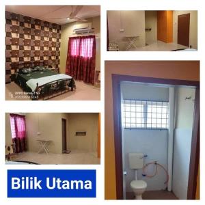 four pictures of a room with a bed and a bathroom at *IA D'CHATIN HOMESTAY MENTAKAB* in Mentekab