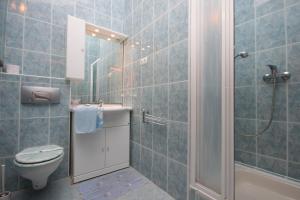 a blue tiled bathroom with a toilet and a shower at Apartments with a parking space Funtana, Porec - 7076 in Funtana