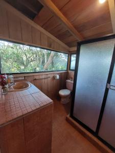 a bathroom with a sink and a toilet in it at The Temple II, Mindo in Mindo