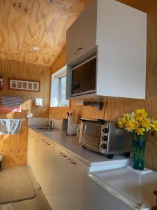 a kitchen with a microwave and a vase of flowers at Glenwai in Motueka