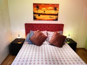 1 dormitorio con 1 cama con 2 mesitas de noche y una pintura en Charmante maison au calme, en Sainte-Maure