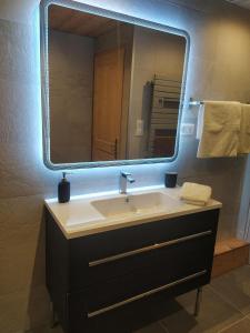 a bathroom with a sink with a large mirror at Chalet Lisa in Morzine