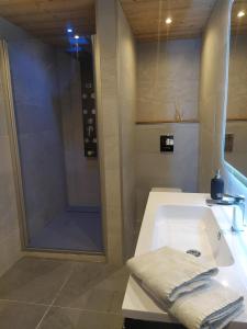 a bathroom with a shower and a white sink at Chalet Lisa in Morzine