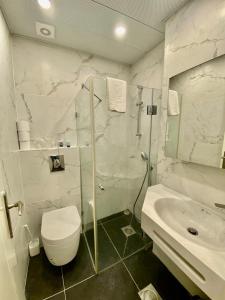 een badkamer met een douche, een toilet en een wastafel bij Petrakis Inn in Jeruzalem