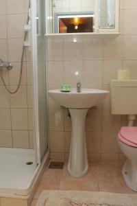 uma casa de banho com um lavatório, um chuveiro e um WC. em Studio Dolinci 7111a em Umag