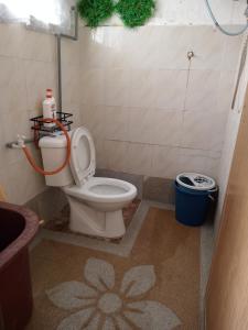 a bathroom with a toilet with a flower pattern on the floor at FirZan Homestay Bukit Mahkota in Kajang