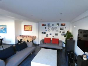 ein Wohnzimmer mit 2 Sofas und einem Tisch in der Unterkunft Maison moderne et spacieuse avec piscine in Villeurbanne