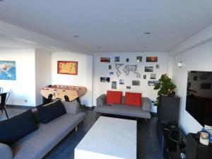 a living room with two couches and a table at Maison moderne et spacieuse avec piscine in Villeurbanne