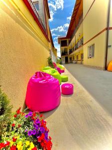 a row of pink pots next to a building with flowers at PENSIUNEA SCOICA in Costinesti