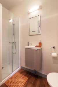 La salle de bains est pourvue d'une douche, d'un lavabo et d'un miroir. dans l'établissement Le Beaumont, à Rennes