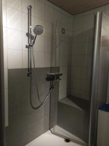 a shower with a glass door in a bathroom at Aalens schönste Aussicht in Aalen