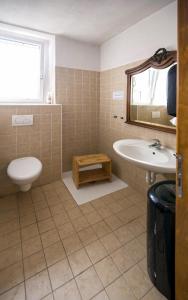 een badkamer met een wastafel, een toilet en een spiegel bij Rifugio Chierego - 1911m in Brenzone sul Garda