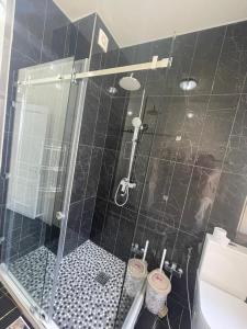 uma casa de banho com um chuveiro e uma porta de vidro em KERUEN SARAY APARTMENTS 27/2 em Türkistan