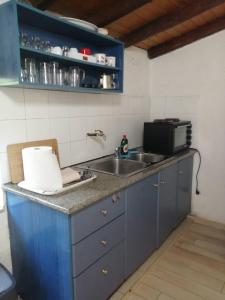 encimera de cocina con fregadero y microondas en Fisherman's Cottage, en Stoupa